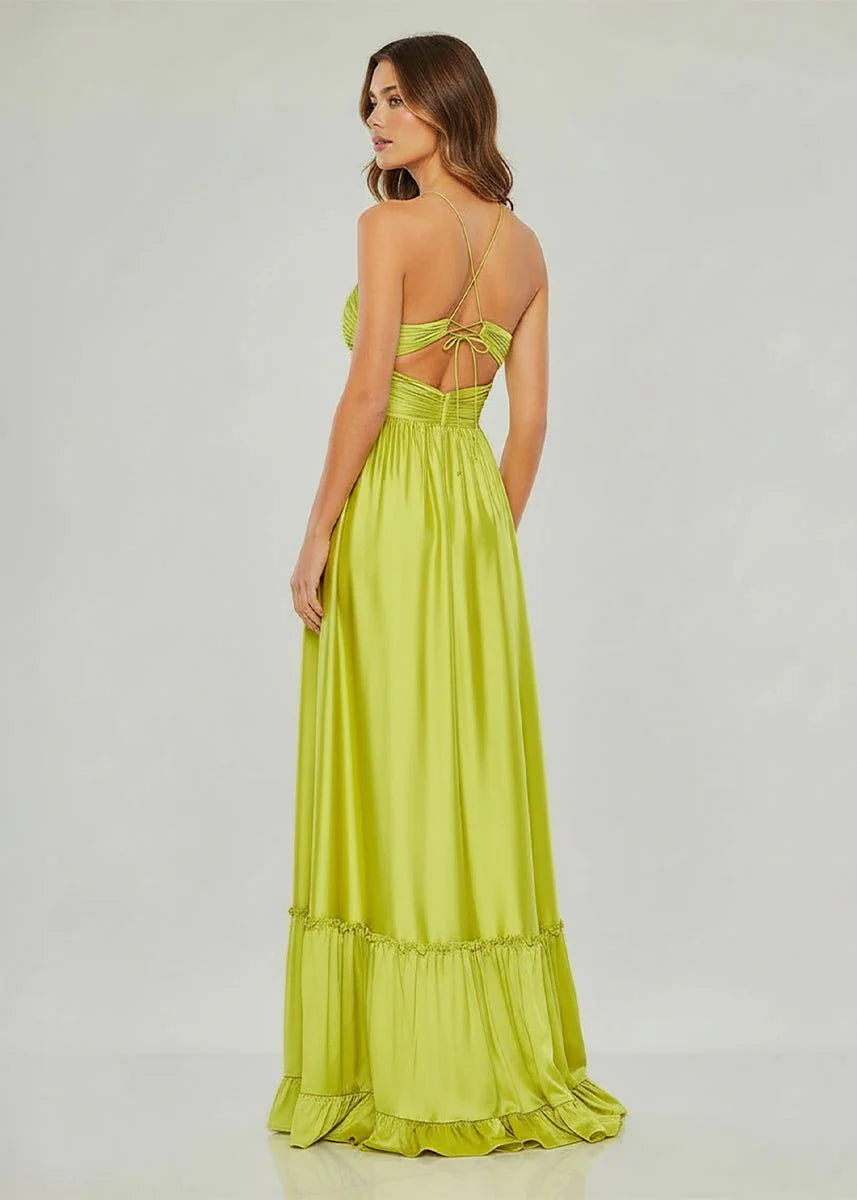 Stunning Chartreuse Satin Tiered Maxi Dress with Halter Neckline, Crisscross Cutout Bodice, Ruched Waist, Open Back Tie and Ruffled Hem
