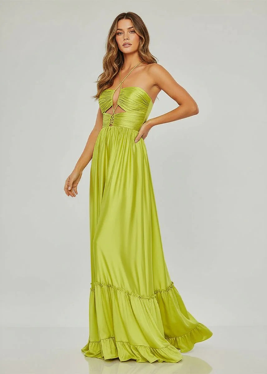 Stunning Chartreuse Satin Tiered Maxi Dress with Halter Neckline, Crisscross Cutout Bodice, Ruched Waist, Open Back Tie and Ruffled Hem