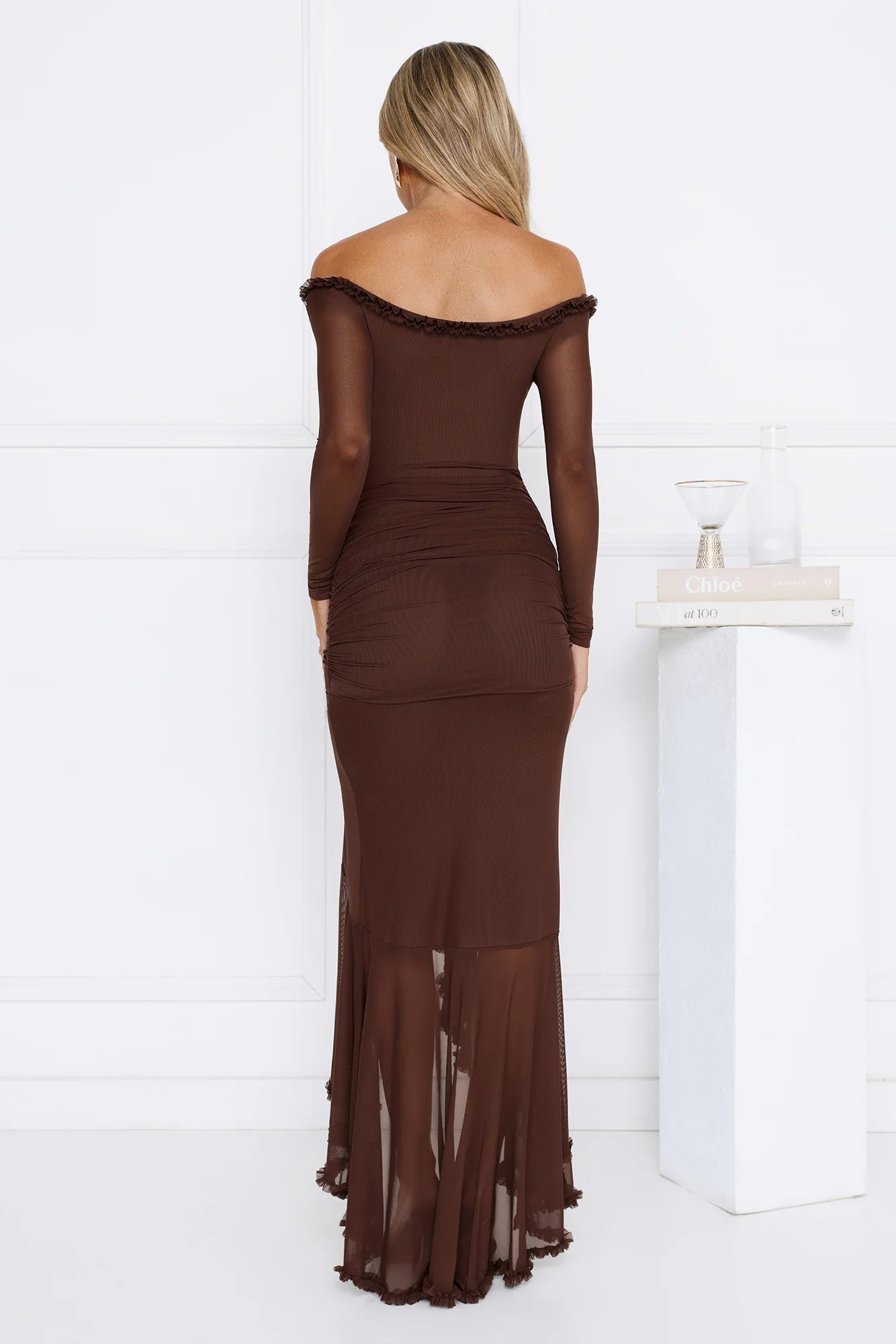 Stunning Chocolate Brown Off-the-Shoulder Maxi Dress with Sheer Long Sleeves, Ruffled Neckline, Ruched Waist, Ruffled High Slit and Sheer Mesh Mermaid Skirt