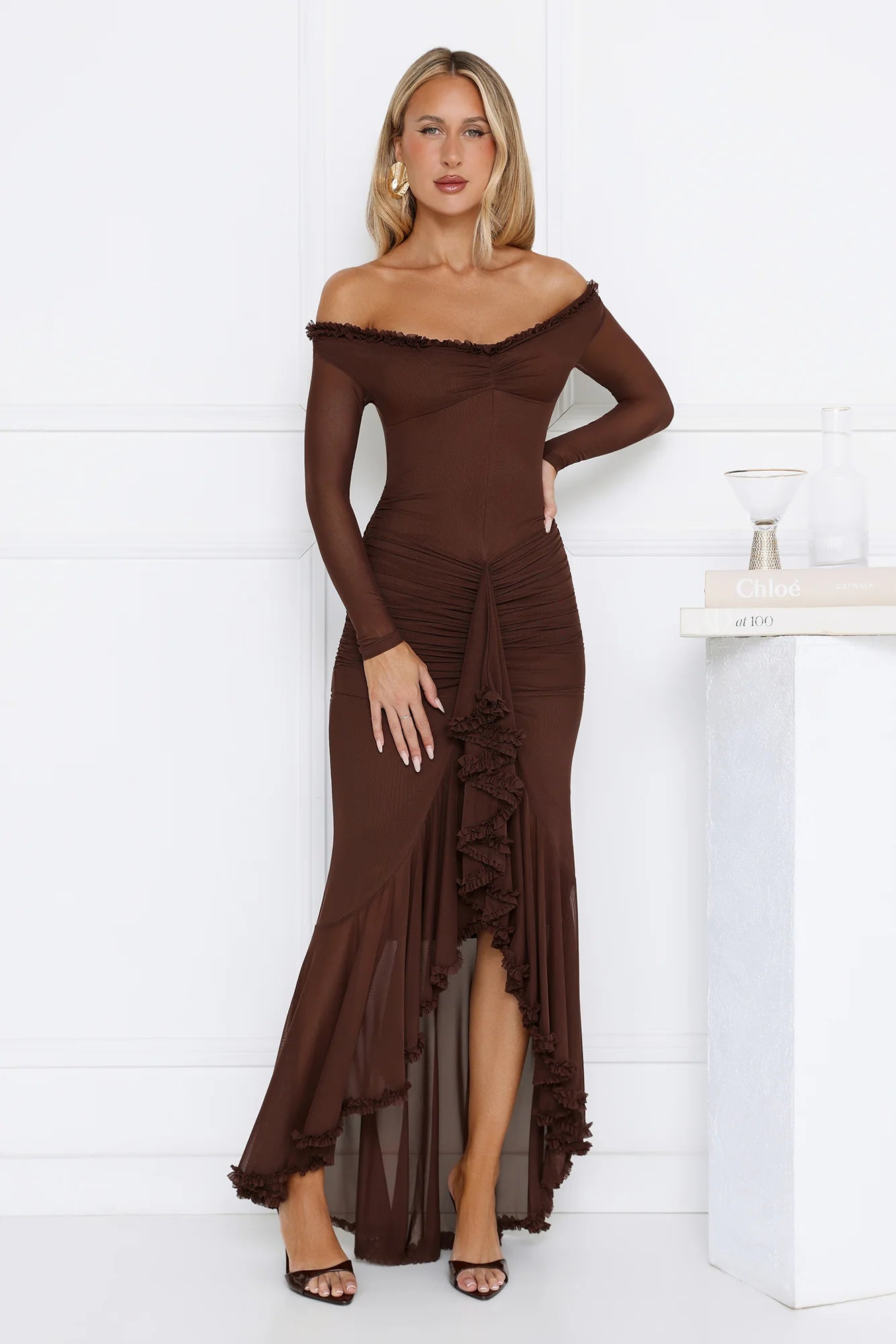 Stunning Chocolate Brown Off-the-Shoulder Maxi Dress with Sheer Long Sleeves, Ruffled Neckline, Ruched Waist, Ruffled High Slit and Sheer Mesh Mermaid Skirt
