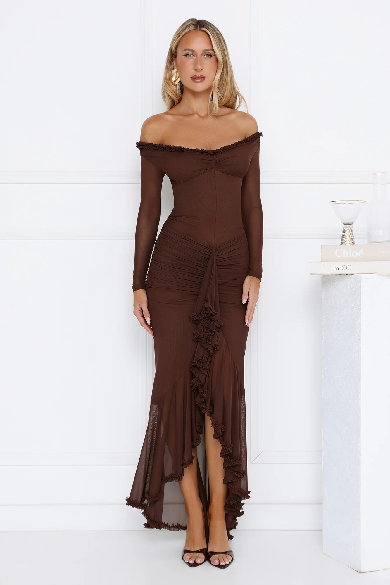 Stunning Chocolate Brown Off-the-Shoulder Maxi Dress with Sheer Long Sleeves, Ruffled Neckline, Ruched Waist, Ruffled High Slit and Sheer Mesh Mermaid Skirt