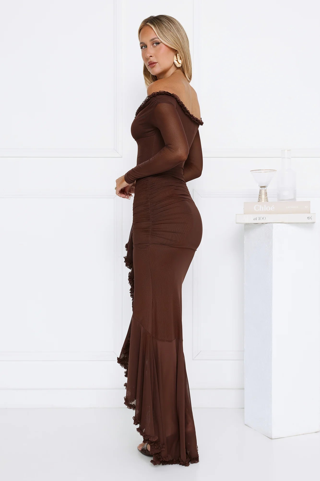 Stunning Chocolate Brown Off-the-Shoulder Maxi Dress with Sheer Long Sleeves, Ruffled Neckline, Ruched Waist, Ruffled High Slit and Sheer Mesh Mermaid Skirt