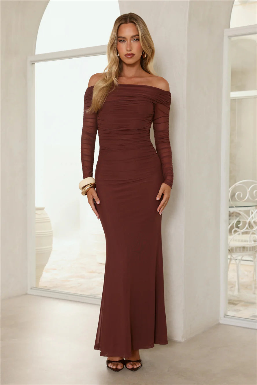 Stunning Chocolate Brown Off-the-Shoulder Mermaid Maxi Dress with Ruched Mesh Long Sleeves, Form-Fitting Bodice and Floor-Length Flared Skirt