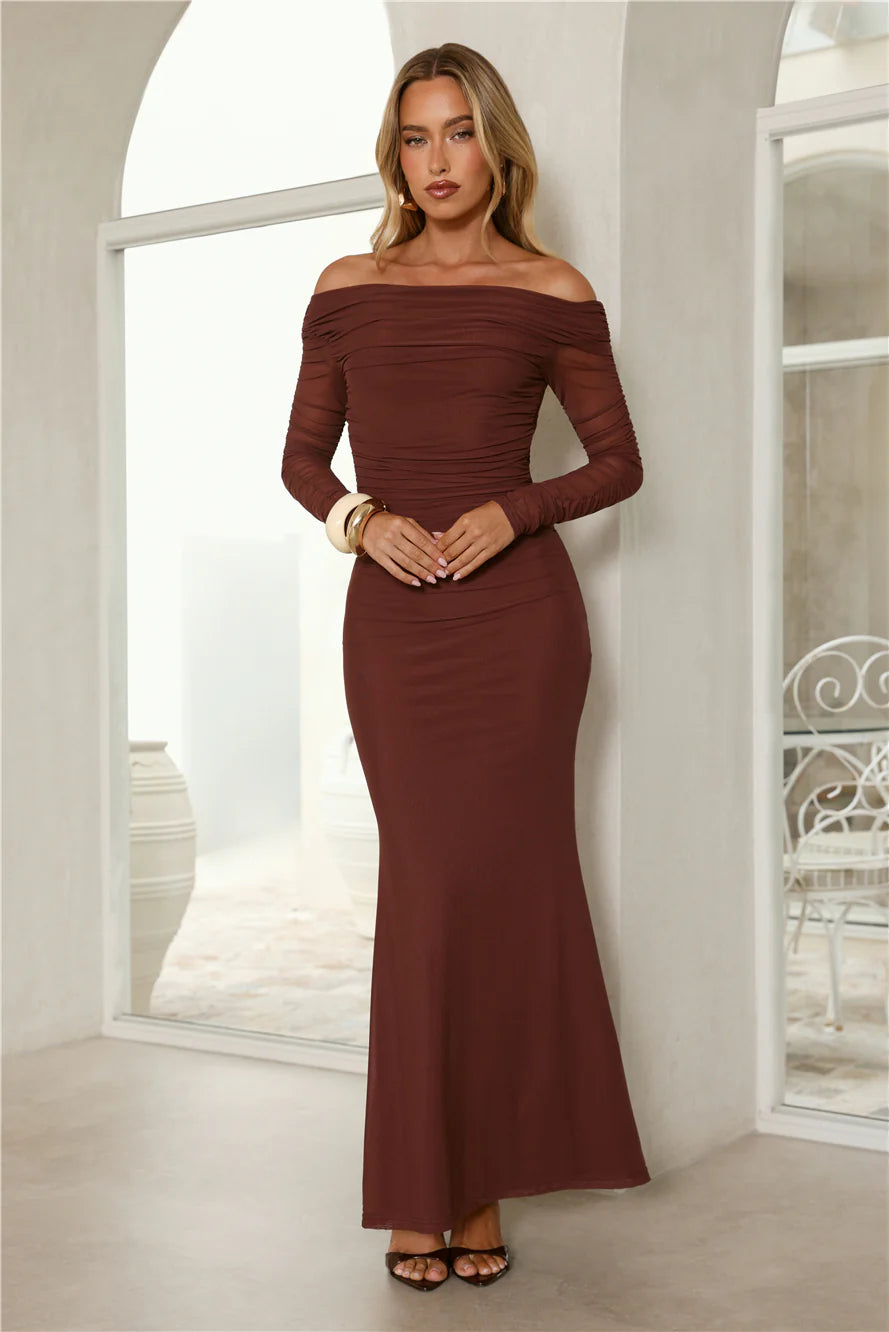 Stunning Chocolate Brown Off-the-Shoulder Mermaid Maxi Dress with Ruched Mesh Long Sleeves, Form-Fitting Bodice and Floor-Length Flared Skirt