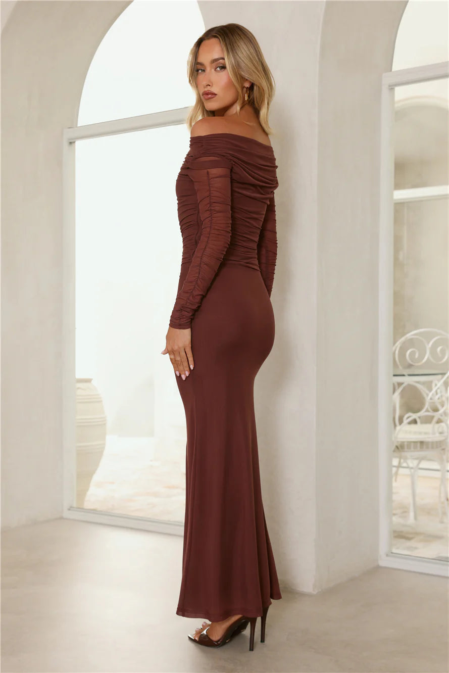 Stunning Chocolate Brown Off-the-Shoulder Mermaid Maxi Dress with Ruched Mesh Long Sleeves, Form-Fitting Bodice and Floor-Length Flared Skirt