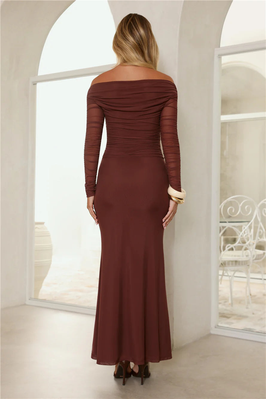 Stunning Chocolate Brown Off-the-Shoulder Mermaid Maxi Dress with Ruched Mesh Long Sleeves, Form-Fitting Bodice and Floor-Length Flared Skirt