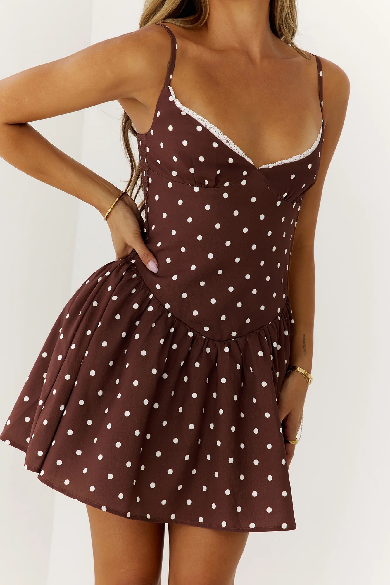 Stunning Chocolate Brown Polka Dot Mini Dress with Lace Trim V-Neck, Adjustable Spaghetti Straps, Smocked Back and Flared Skater Skirt