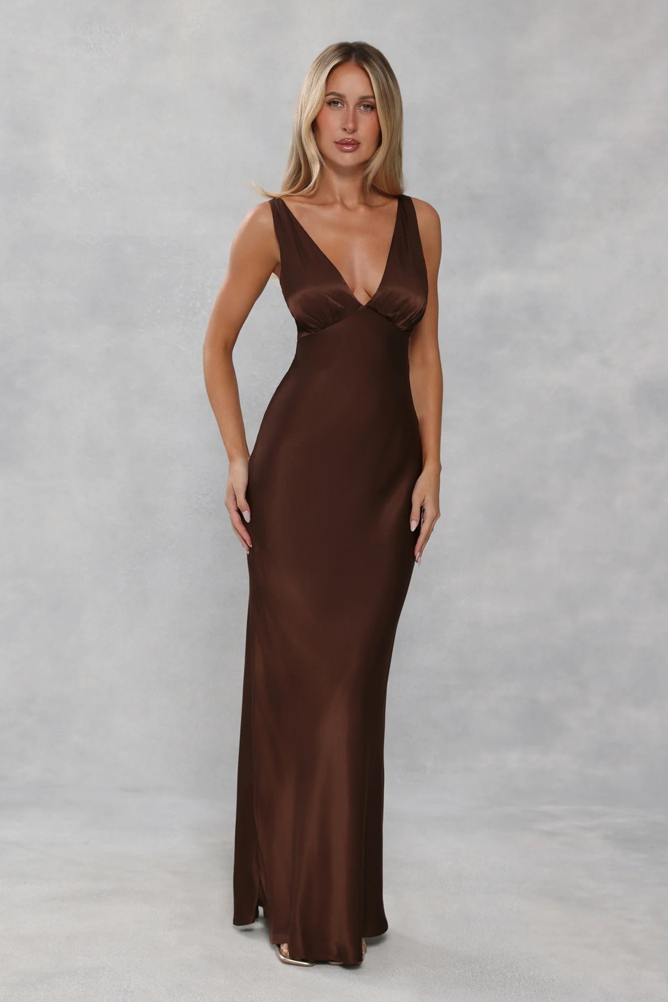 Stunning Chocolate Brown Satin Maxi Dress with Deep V-Neckline, Ruched Bust Detail, Adjustable Thin Spaghetti Straps and Form-Fitting Mermaid Silhouette