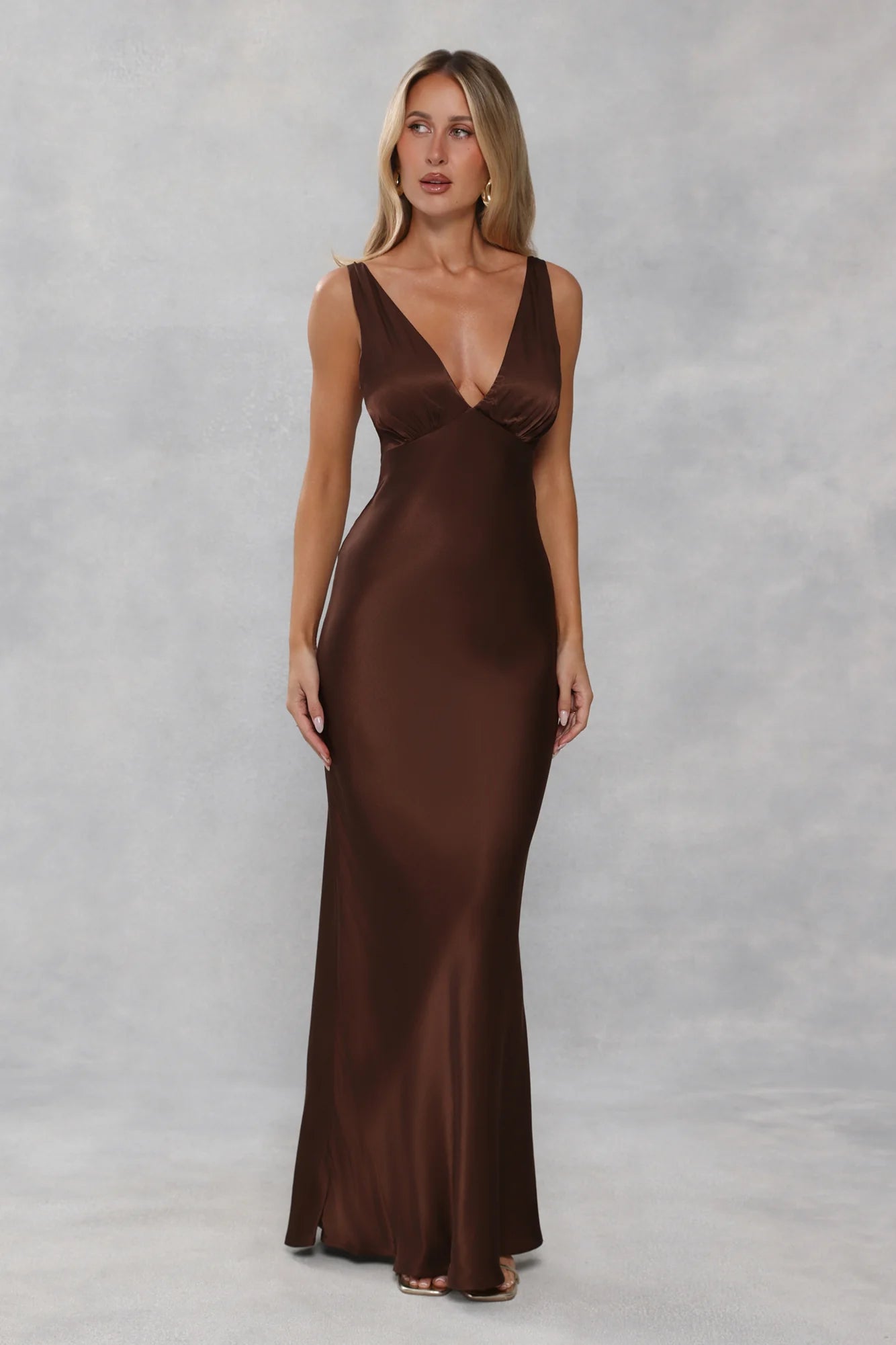 Stunning Chocolate Brown Satin Maxi Dress with Deep V-Neckline, Ruched Bust Detail, Adjustable Thin Spaghetti Straps and Form-Fitting Mermaid Silhouette