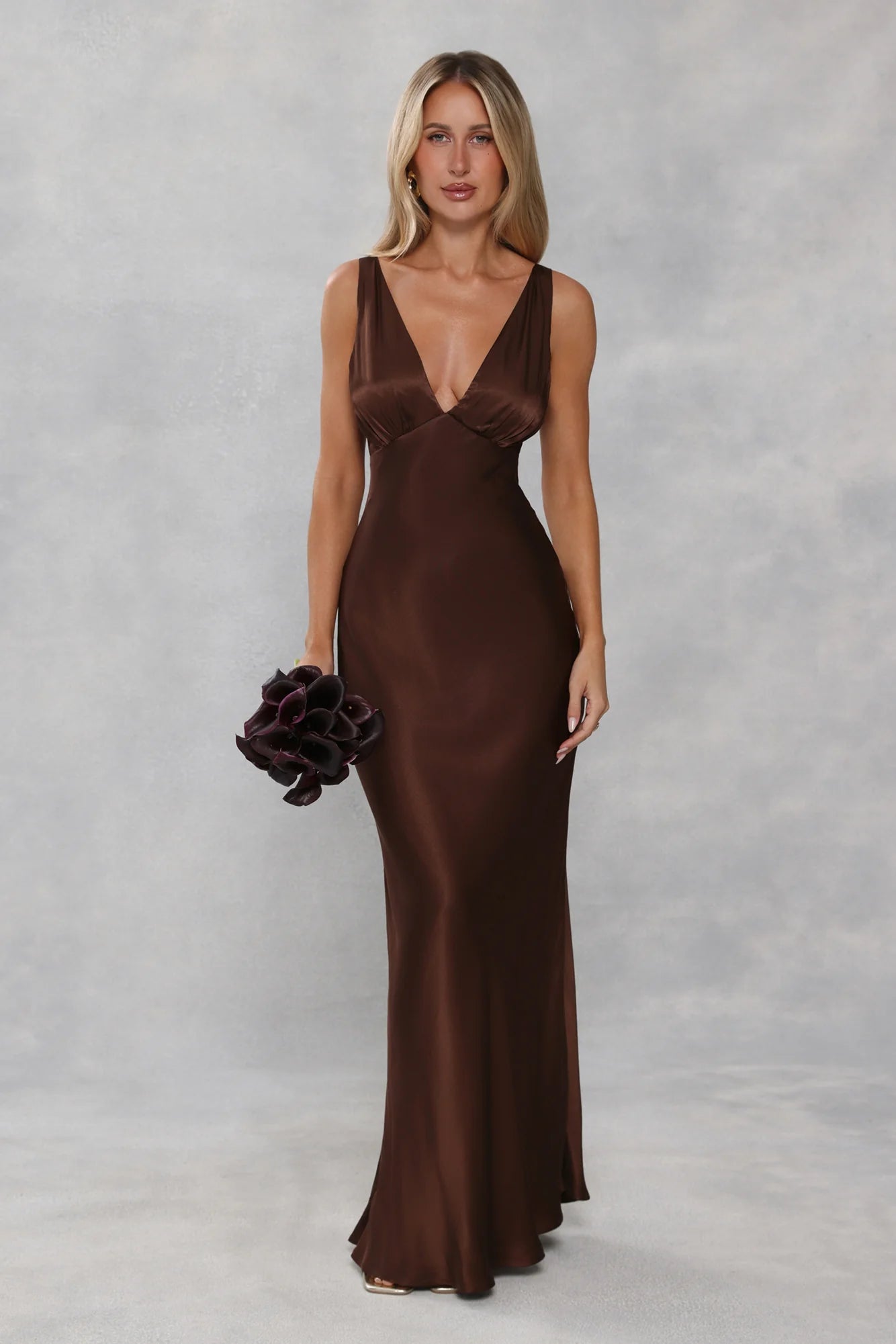 Stunning Chocolate Brown Satin Maxi Dress with Deep V-Neckline, Ruched Bust Detail, Adjustable Thin Spaghetti Straps and Form-Fitting Mermaid Silhouette