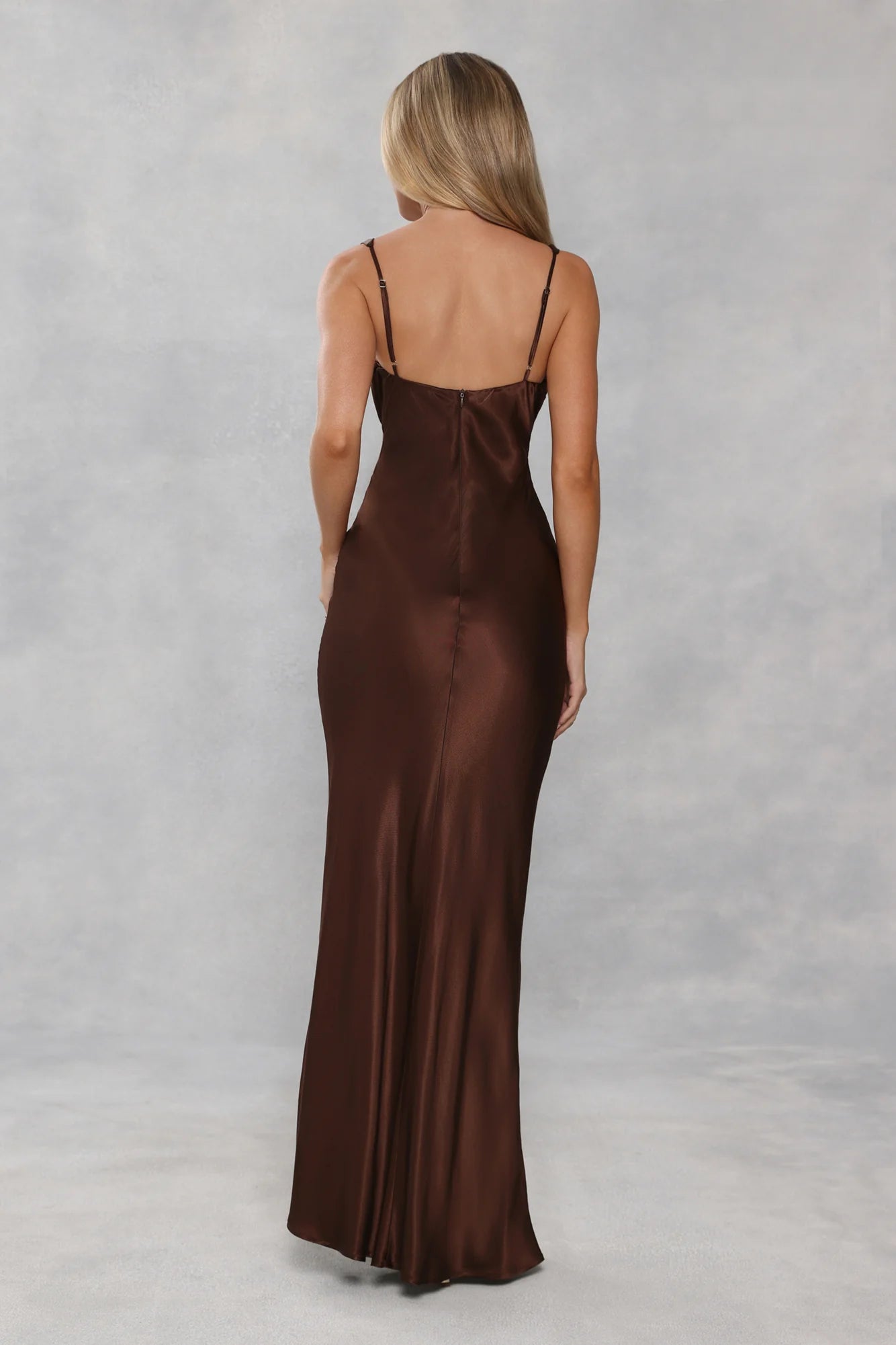 Stunning Chocolate Brown Satin Maxi Dress with Deep V-Neckline, Ruched Bust Detail, Adjustable Thin Spaghetti Straps and Form-Fitting Mermaid Silhouette