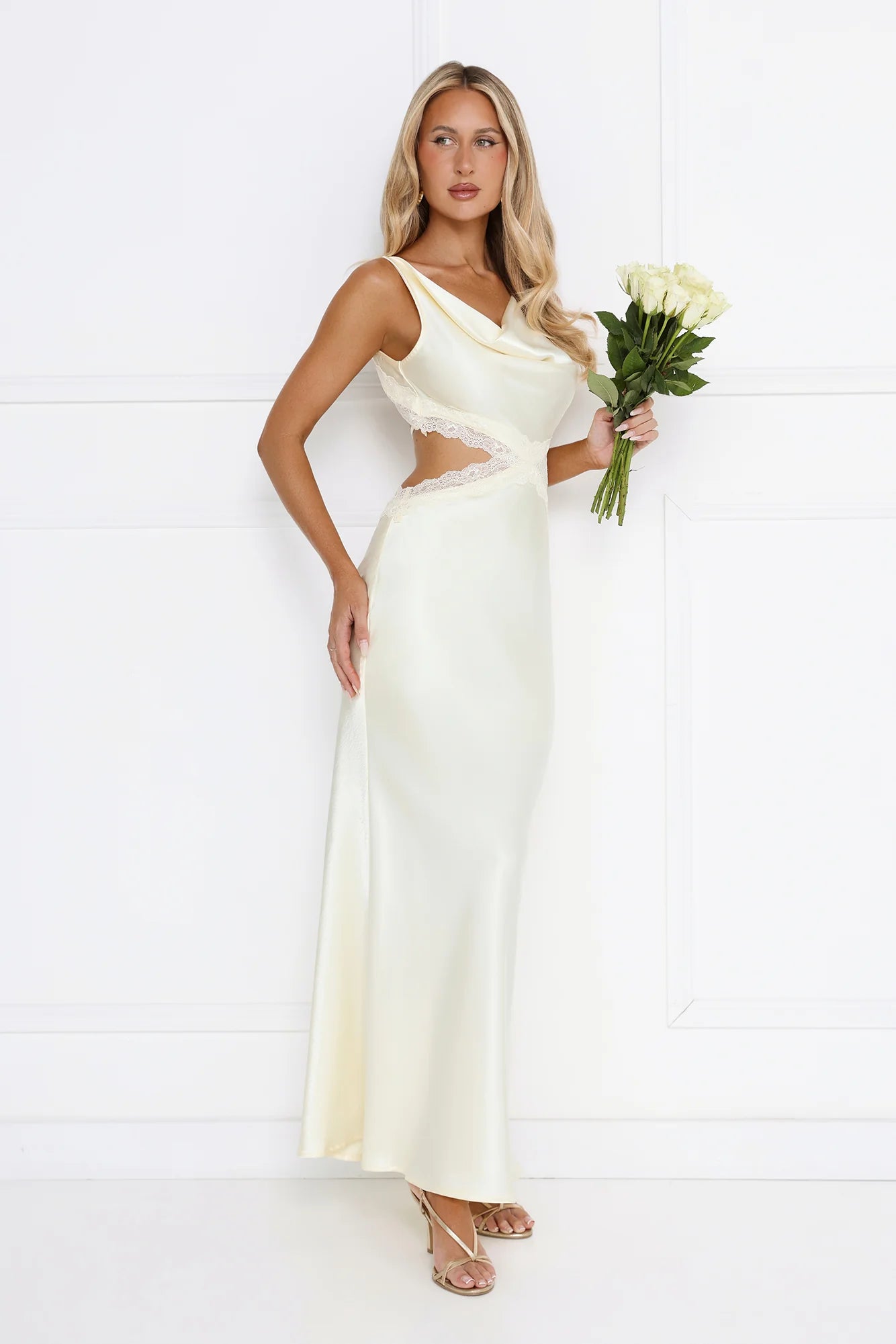 Stunning Cream Satin Mermaid Maxi Dress with Cowl Neckline, Delicate Lace Trim Cutout Details, Open Back Double Tie Accent and Flowy Floor-Length Skirt