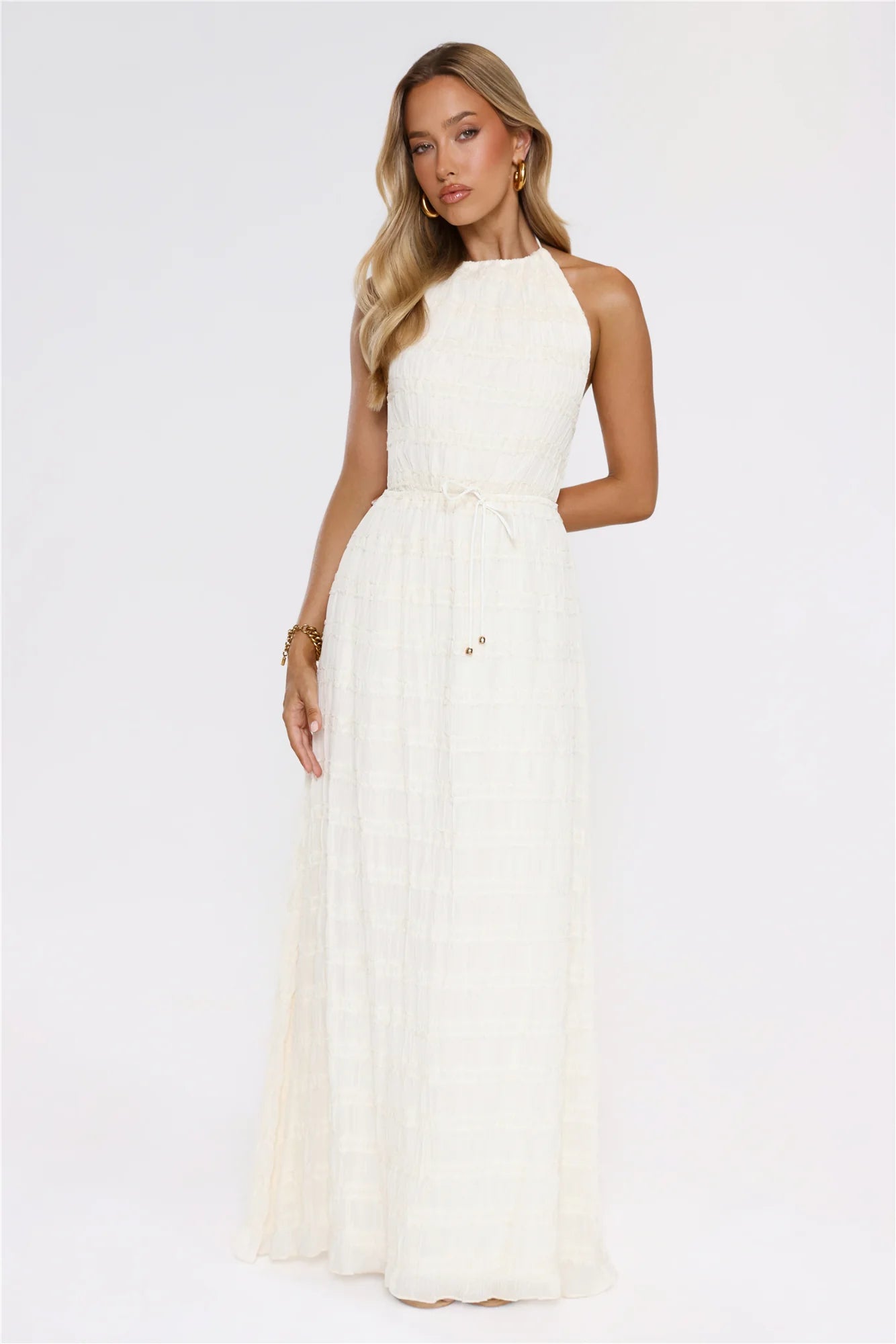 Stunning Cream Textured Halter Maxi Dress with Open Back Double Tie Detail, Waist Drawstring Accent, Smocked Bodice and Flowy Ruffled Maxi Skirt