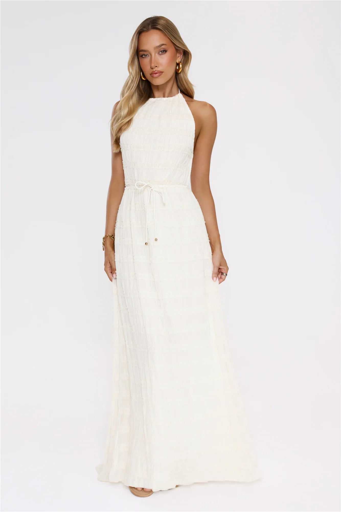 Stunning Cream Textured Halter Maxi Dress with Open Back Double Tie Detail, Waist Drawstring Accent, Smocked Bodice and Flowy Ruffled Maxi Skirt