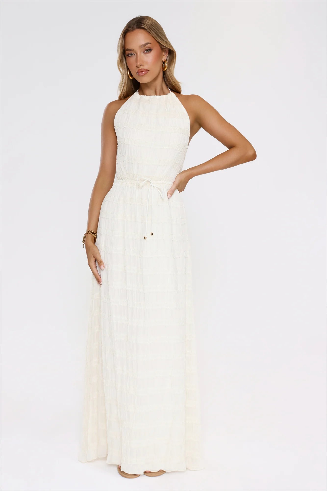 Stunning Cream Textured Halter Maxi Dress with Open Back Double Tie Detail, Waist Drawstring Accent, Smocked Bodice and Flowy Ruffled Maxi Skirt