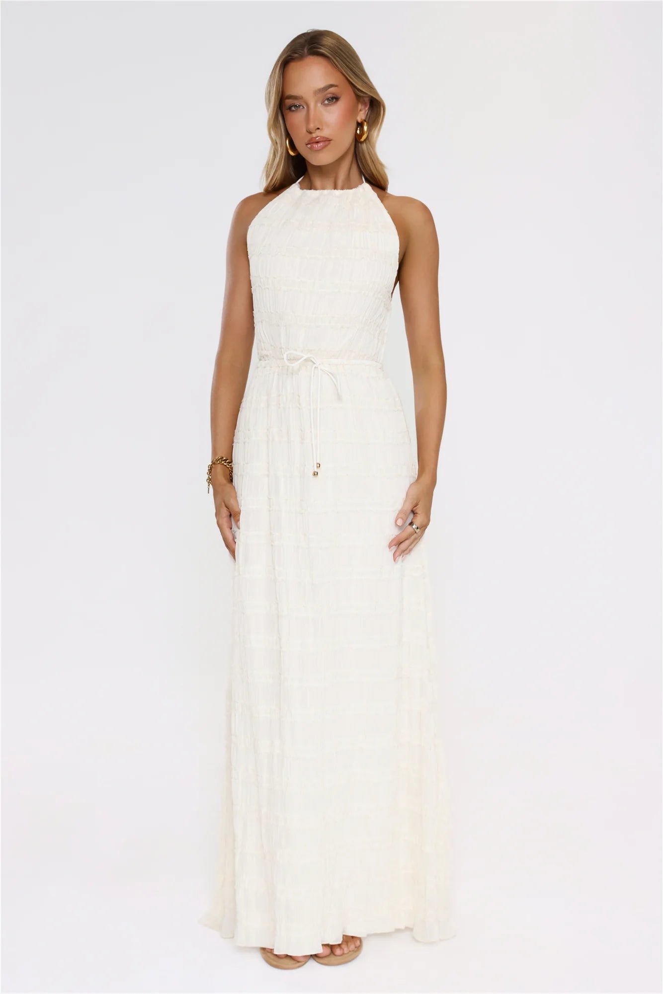 Stunning Cream Textured Halter Maxi Dress with Open Back Double Tie Detail, Waist Drawstring Accent, Smocked Bodice and Flowy Ruffled Maxi Skirt