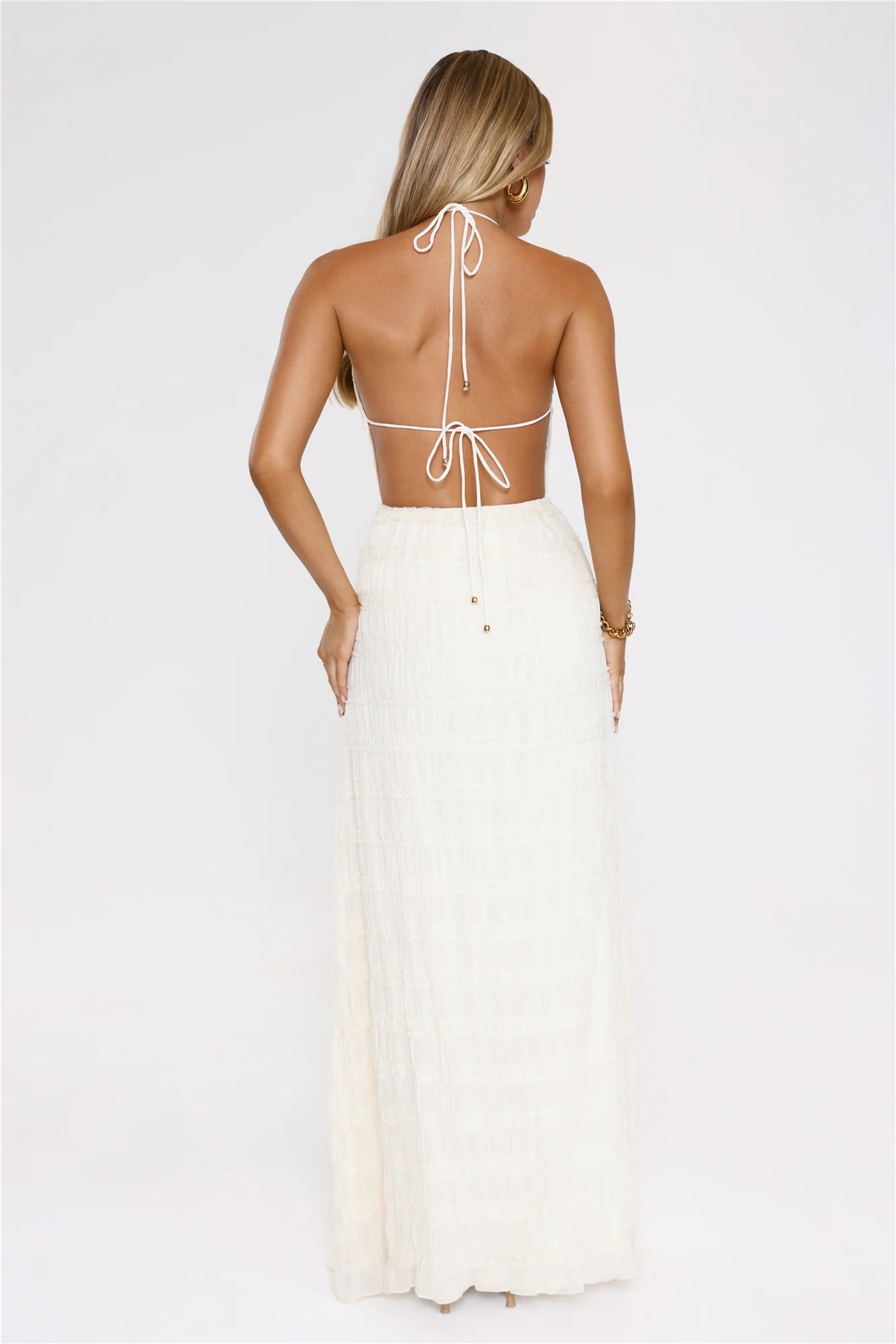Stunning Cream Textured Halter Maxi Dress with Open Back Double Tie Detail, Waist Drawstring Accent, Smocked Bodice and Flowy Ruffled Maxi Skirt