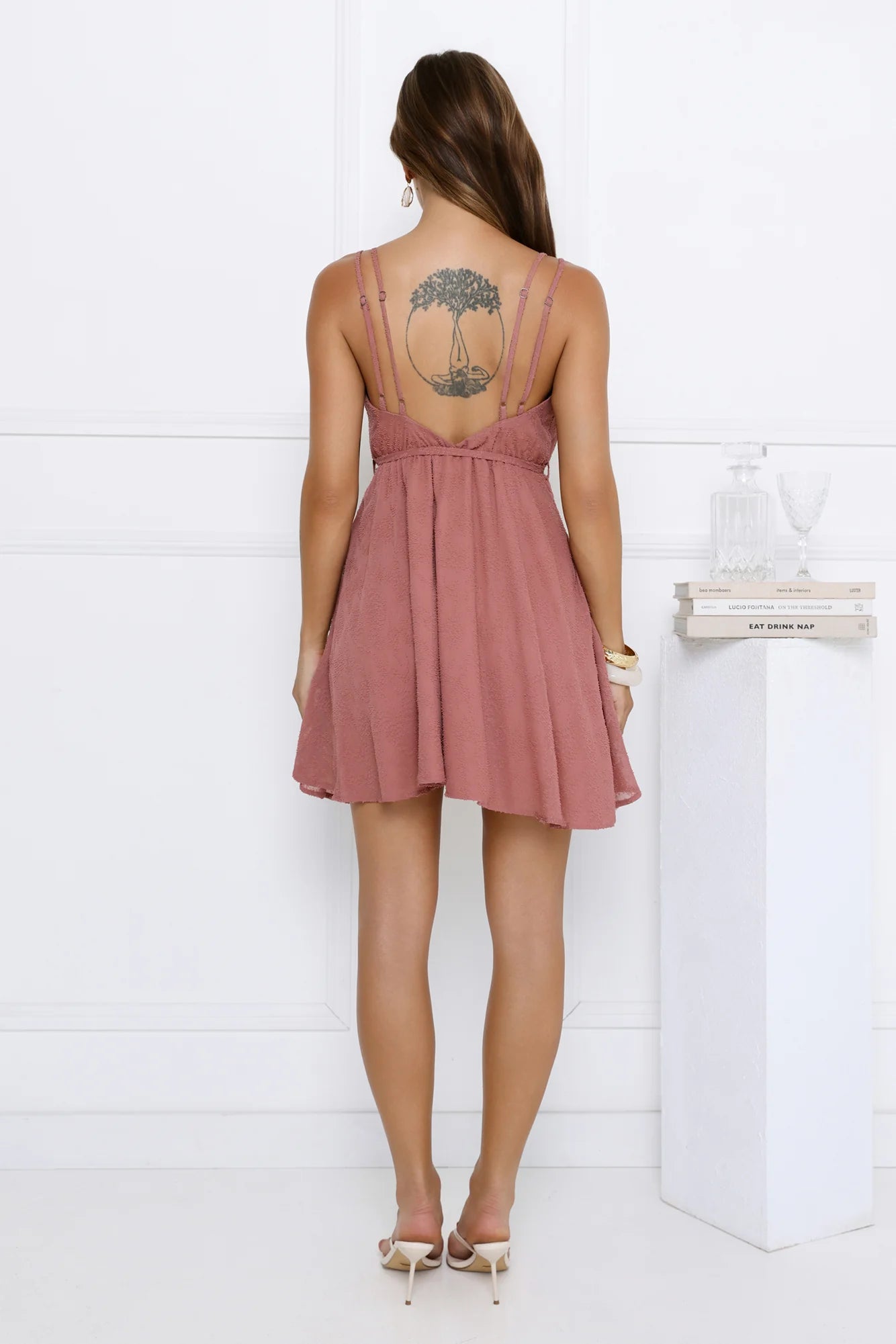 Stunning Dusty Rose Textured Mini Dress with Deep V-Neckline, Adjustable Double Spaghetti Straps, Waist Tie Detail and Flowy Skater Skirt