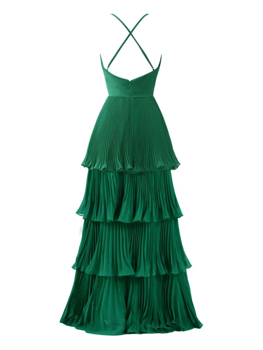 Stunning Emerald Green Pleated Tiered Maxi Prom Dress with Deep V-Neck, Crisscross Back Straps, Ruched Waist, Flowy Ruffle Layers and Floor-Length Hem