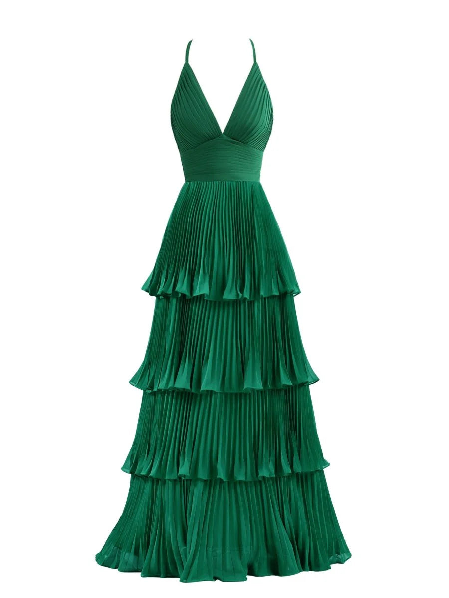 Stunning Emerald Green Pleated Tiered Maxi Prom Dress with Deep V-Neck, Crisscross Back Straps, Ruched Waist, Flowy Ruffle Layers and Floor-Length Hem