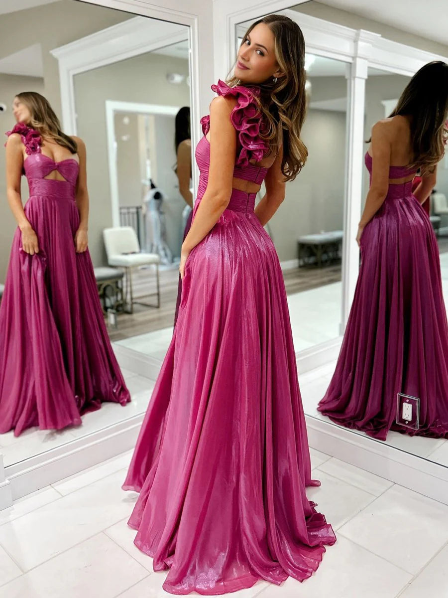Stunning Hot Pink Metallic One-Shoulder A-Line Evening Dress with Dramatic Ruffle Strap, S Front Cutout Waist, Ruched Bodice, High Slit and Sweeping Train