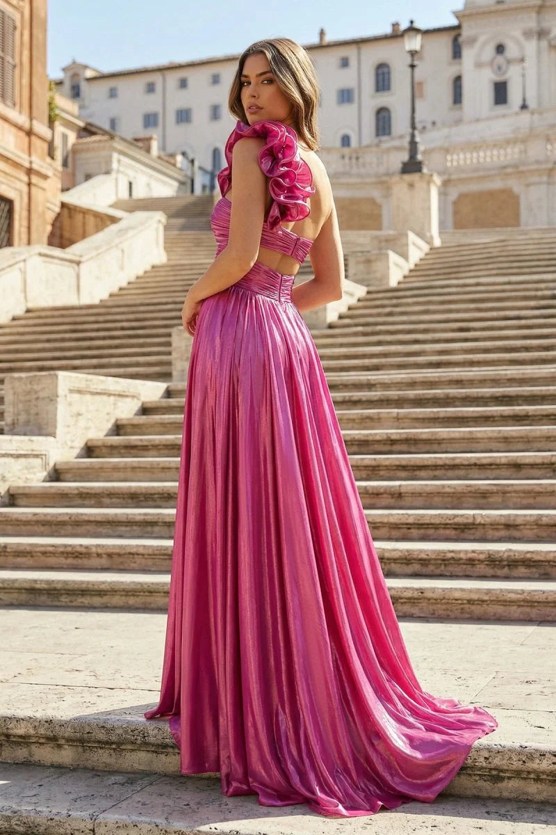 Stunning Hot Pink Metallic One-Shoulder A-Line Evening Dress with Dramatic Ruffle Strap, S Front Cutout Waist, Ruched Bodice, High Slit and Sweeping Train
