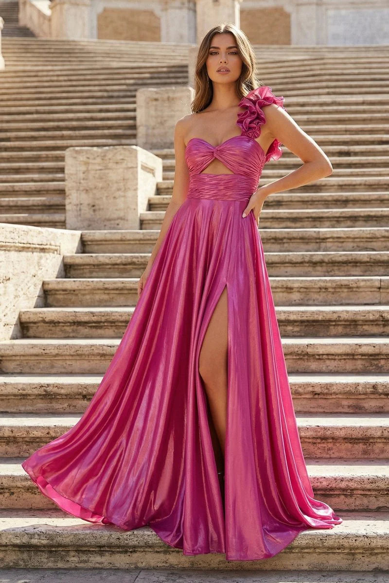 Stunning Hot Pink Metallic One-Shoulder A-Line Evening Dress with Dramatic Ruffle Strap, S Front Cutout Waist, Ruched Bodice, High Slit and Sweeping Train