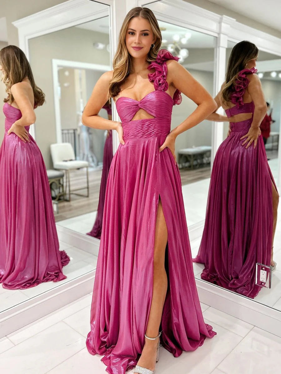 Stunning Hot Pink Metallic One-Shoulder A-Line Evening Dress with Dramatic Ruffle Strap, S Front Cutout Waist, Ruched Bodice, High Slit and Sweeping Train