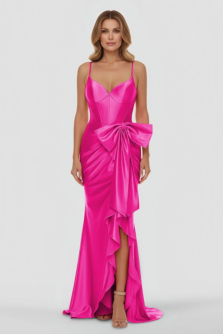 Stunning Hot Pink Satin Mermaid Evening Dress with Sweetheart Neckline, Spaghetti Straps, Crisscross Lace-up Back, Oversized Front Bow, Ruffled High Slit and Sweeping Train
