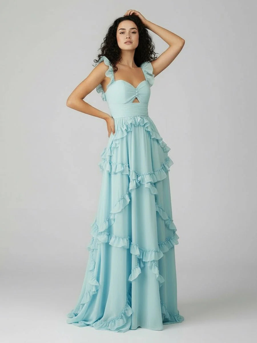 Stunning Light Blue Ruffled Chiffon Maxi Evening Dress with Sweetheart Neckline, Ruffle Shoulder Straps, Tiered Ruffle Skirt, Low V-Back and Sweeping Train