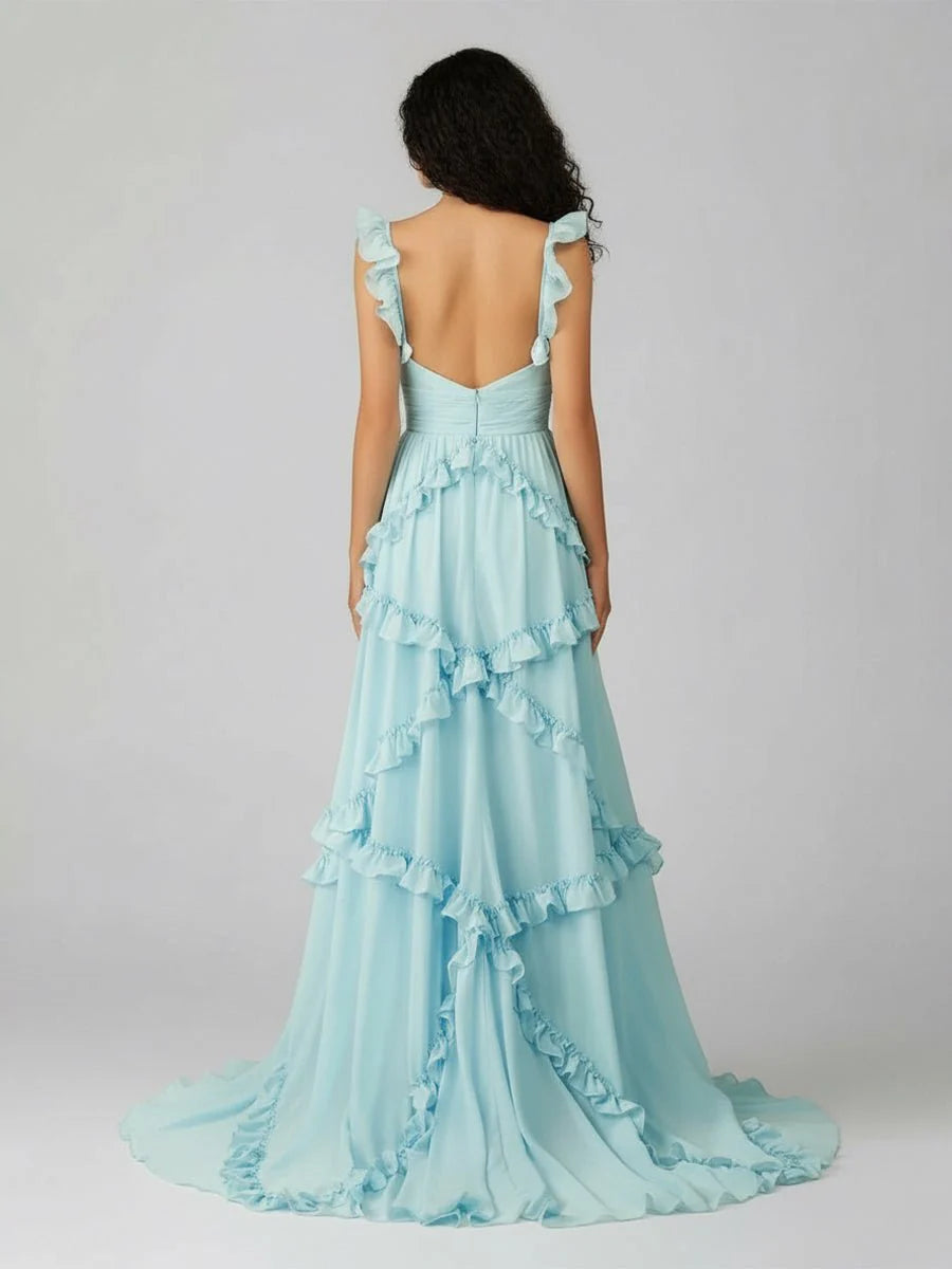 Stunning Light Blue Ruffled Chiffon Maxi Evening Dress with Sweetheart Neckline, Ruffle Shoulder Straps, Tiered Ruffle Skirt, Low V-Back and Sweeping Train