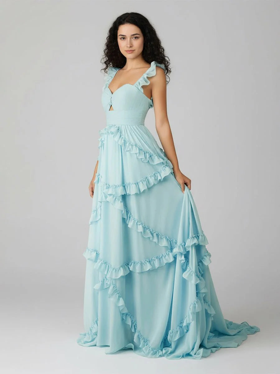 Stunning Light Blue Ruffled Chiffon Maxi Evening Dress with Sweetheart Neckline, Ruffle Shoulder Straps, Tiered Ruffle Skirt, Low V-Back and Sweeping Train