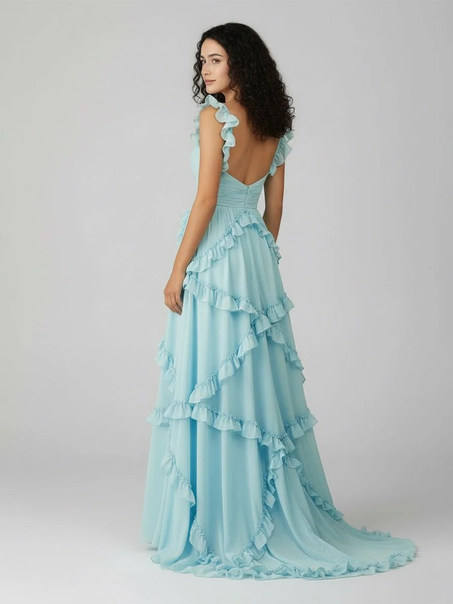 Stunning Light Blue Ruffled Chiffon Maxi Evening Dress with Sweetheart Neckline, Ruffle Shoulder Straps, Tiered Ruffle Skirt, Low V-Back and Sweeping Train