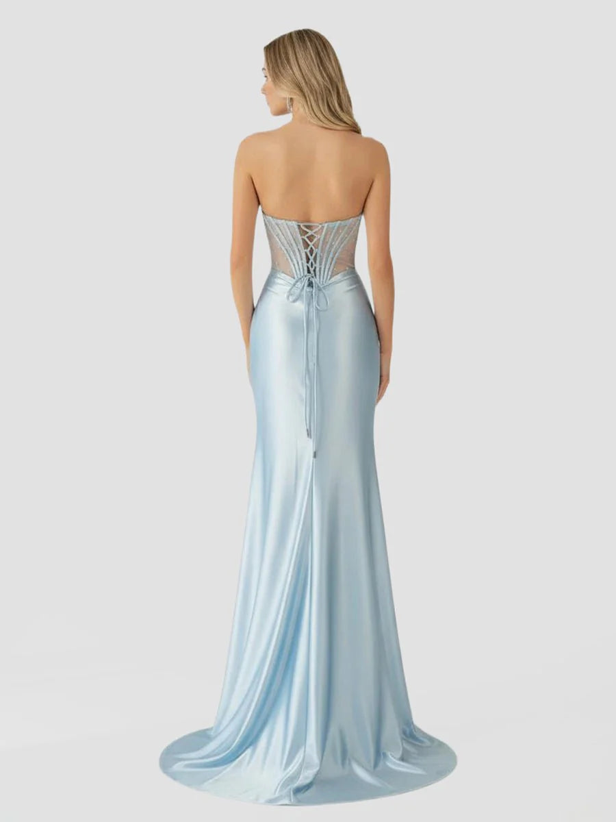 Stunning Light Blue Strapless Satin Mermaid Evening Dress with Beaded Corset Bodice, Sheer Mesh Panels, High Slit and Sweeping Train