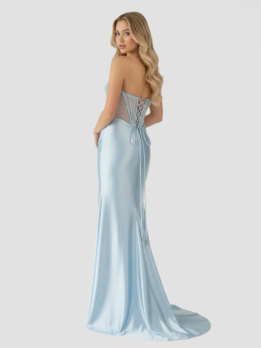 Stunning Light Blue Strapless Satin Mermaid Evening Dress with Beaded Corset Bodice, Sheer Mesh Panels, High Slit and Sweeping Train