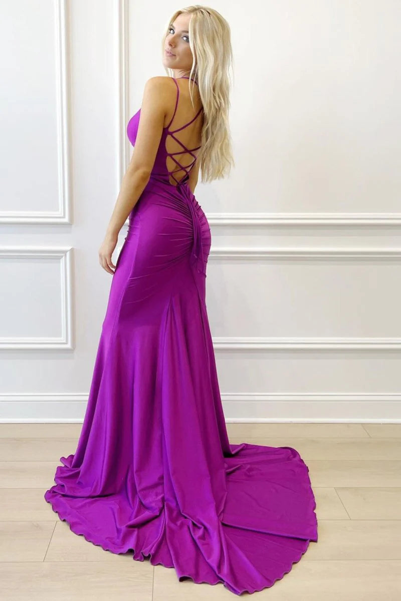 Stunning Magenta Satin Mermaid Evening Dress with Deep V-Neck, Spaghetti Straps, Crisscross Lace-up Back, Ruched Back Detail and Sweeping Train
