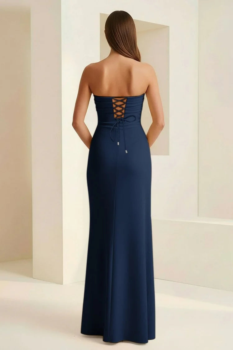 Stunning Navy Blue Strapless Maxi Dress with Ruched Bodice, High Thigh Slit, Lace-Up Back Corset Detail and Flowing Floor-Length Skirt