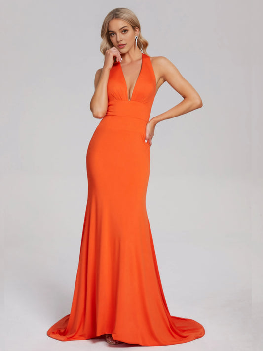Stunning Orange Halter Neck Prom Dress with Deep V - Neck Mermaid Silhouette and Train
