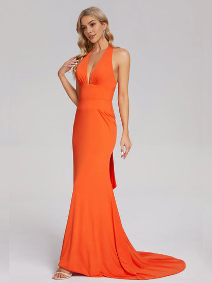 Stunning Orange Halter Neck Prom Dress with Deep V - Neck Mermaid Silhouette and Train