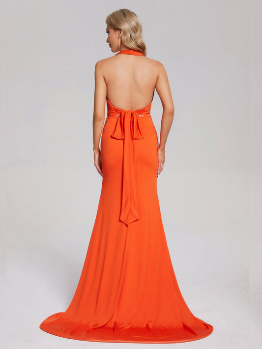 Stunning Orange Halter Neck Prom Dress with Deep V - Neck Mermaid Silhouette and Train