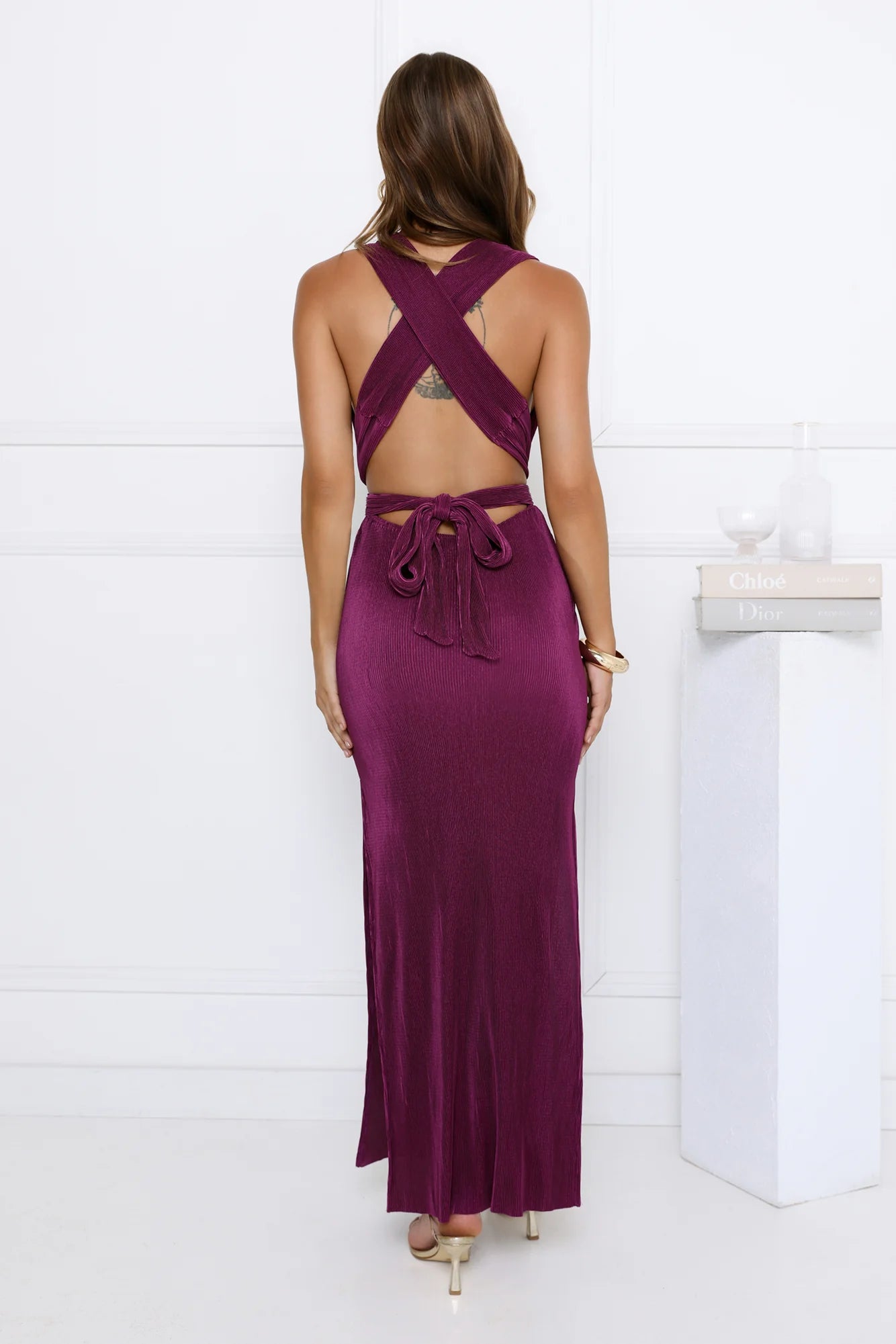 Stunning Plum Plissé Halter Maxi Dress with Deep V-Neckline, Crisscross Open Back, Waist Tie Detail and Double High Slits