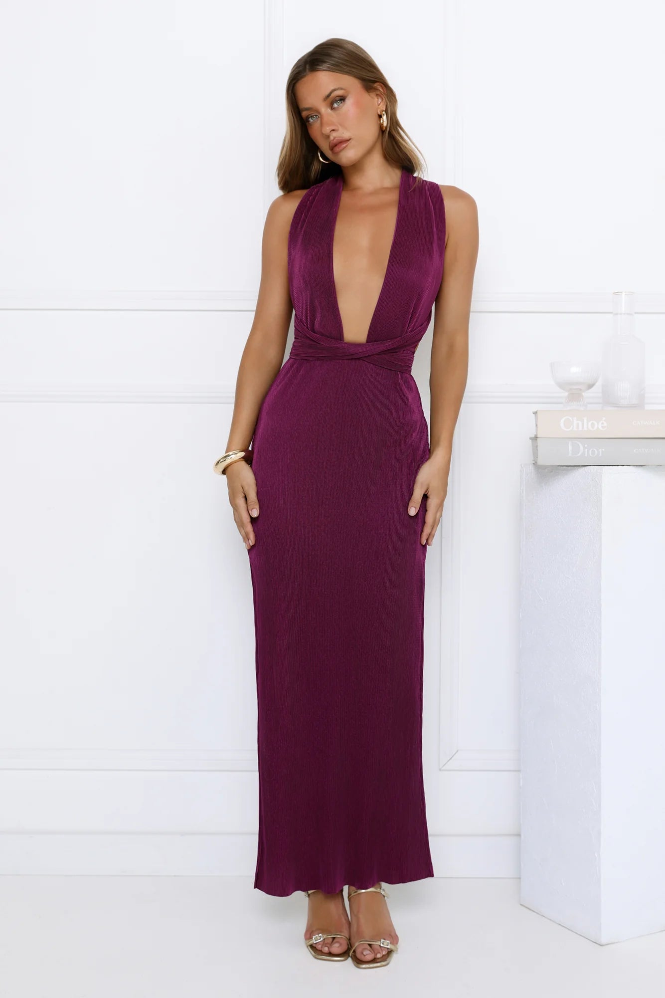 Stunning Plum Plissé Halter Maxi Dress with Deep V-Neckline, Crisscross Open Back, Waist Tie Detail and Double High Slits