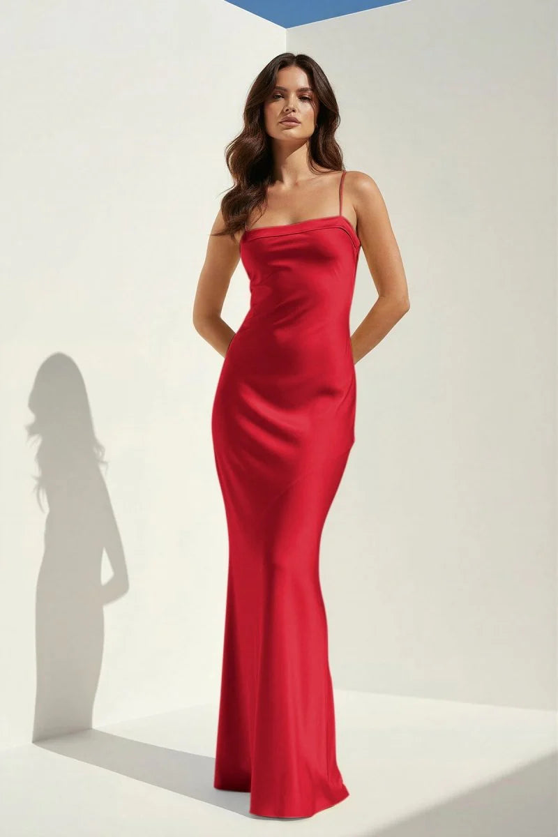 Stunning Red Satin Mermaid Evening Dress with Square Neckline, Thin Spaghetti Straps, Backless Bow Tie Detail, Cutout Back and Floor-Length Skirt