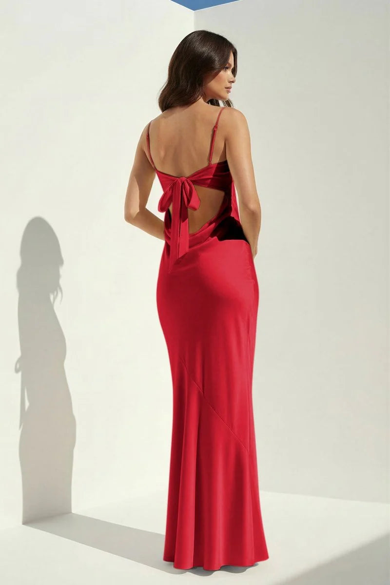 Stunning Red Satin Mermaid Evening Dress with Square Neckline, Thin Spaghetti Straps, Backless Bow Tie Detail, Cutout Back and Floor-Length Skirt