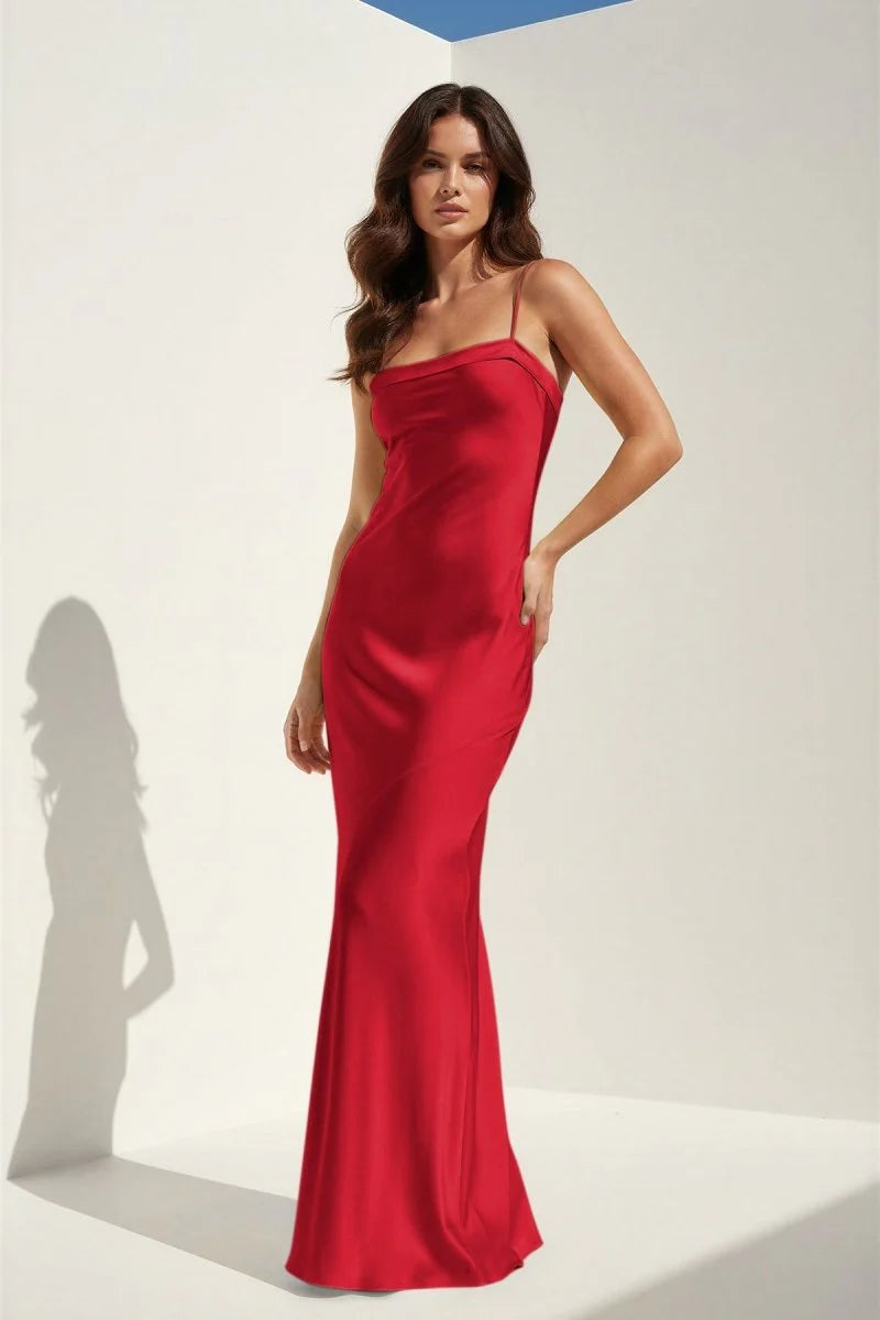 Stunning Red Satin Mermaid Evening Dress with Square Neckline, Thin Spaghetti Straps, Backless Bow Tie Detail, Cutout Back and Floor-Length Skirt