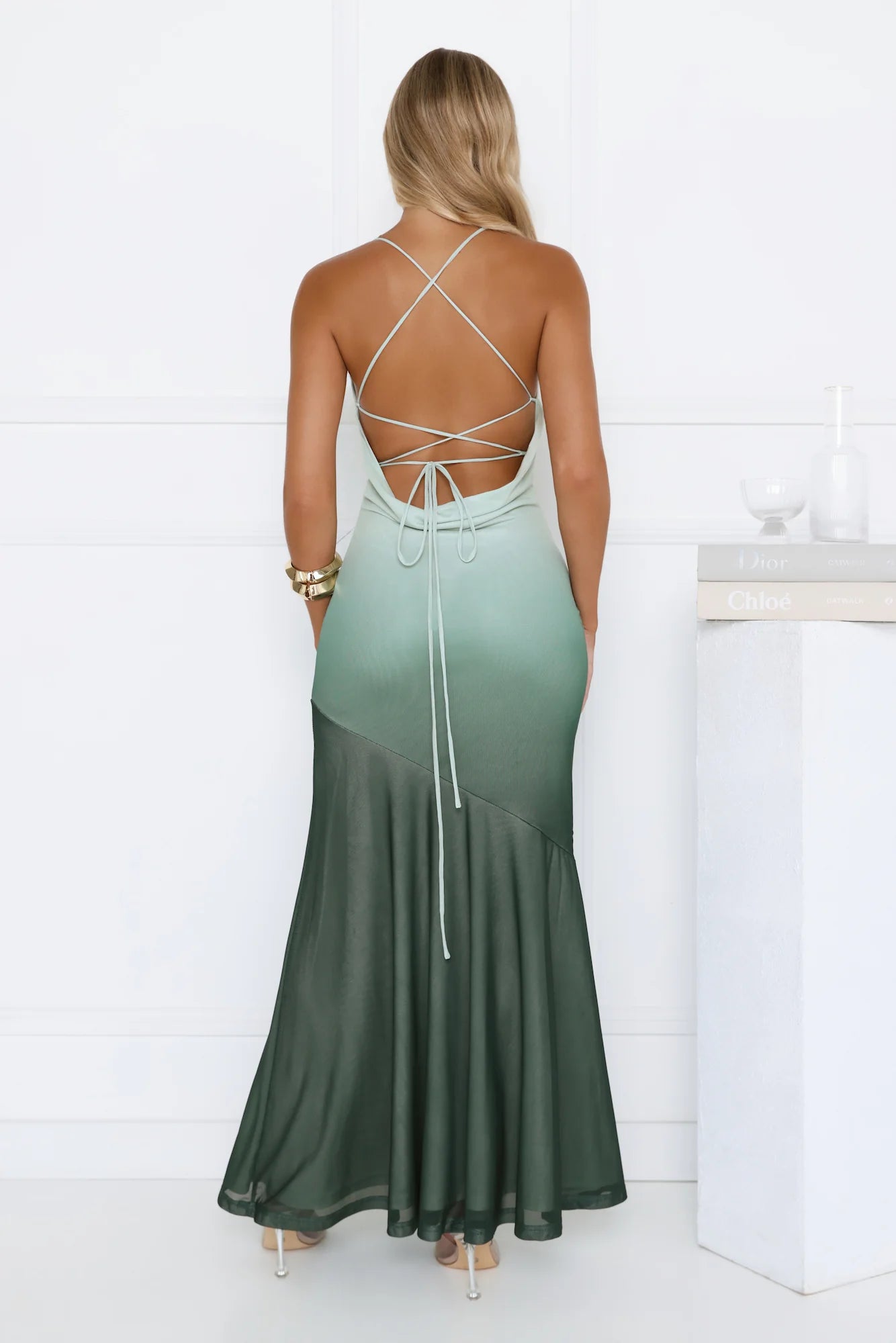 Stunning Sage Green Ombre Satin Mermaid Maxi Dress with Cowl Neckline, Crisscross Open Back Tie Detail and Flowy Ruffled Skirt