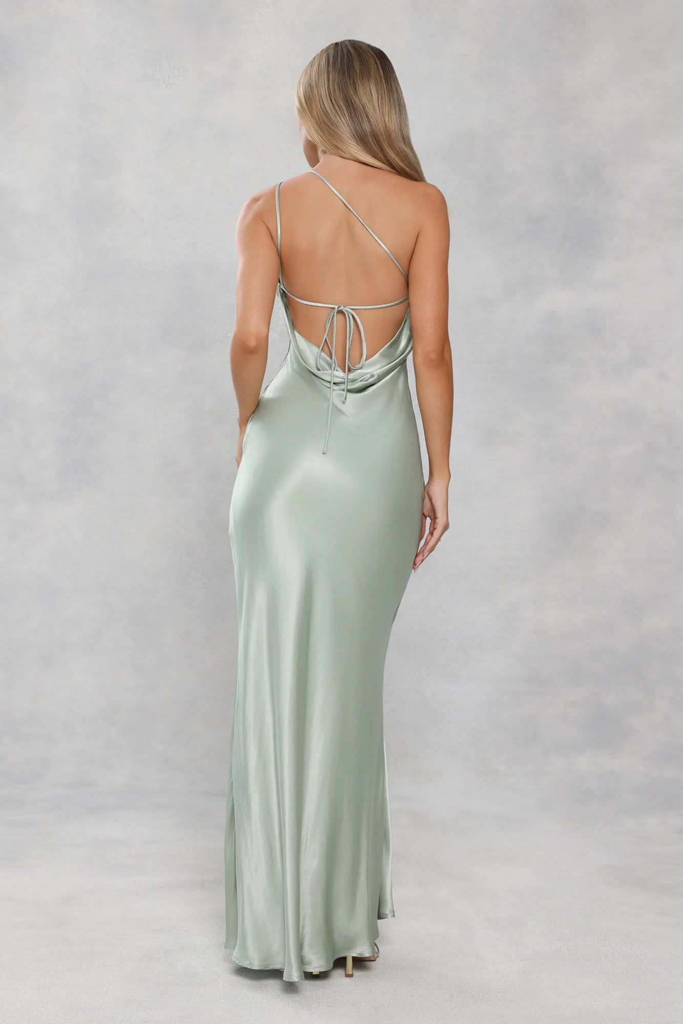 Stunning Sage Green Satin One-Shoulder Maxi Dress with Thin Adjustable Straps, Open Back Tie Closure and Form-Fitting Mermaid Silhouette