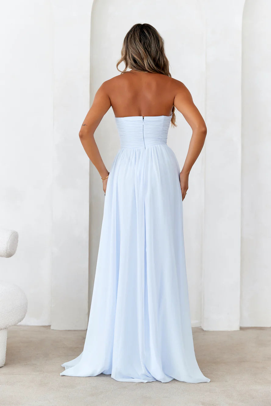 Stunning Sky Blue Chiffon Strapless A-Line Maxi Dress with Sweetheart Neckline, Ruched Bodice, Open Back Zipper and Sweeping Train