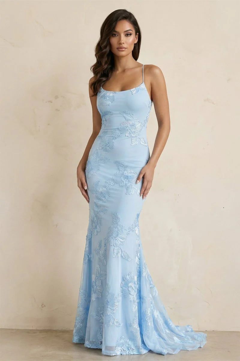 Stunning Sky Blue Floral Embroidered Mesh Mermaid Evening Dress with Scoop Neckline, Thin Spaghetti Straps, Crisscross Lace-up Back and Sweeping Train
