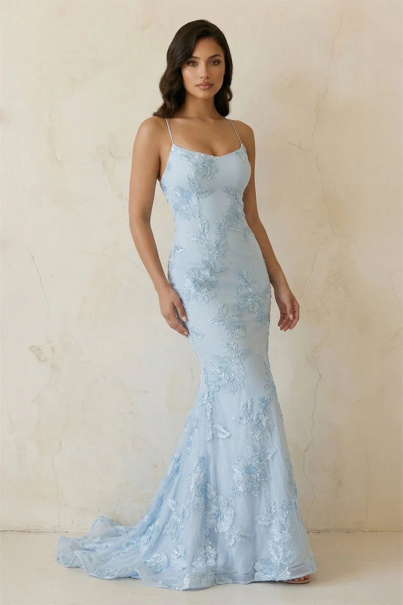 Stunning Sky Blue Floral Embroidered Mesh Mermaid Evening Dress with Scoop Neckline, Thin Spaghetti Straps, Crisscross Lace-up Back and Sweeping Train